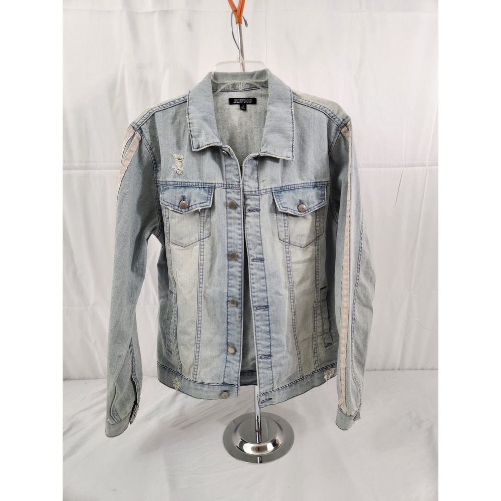 Elwood Mens Small Light Wash Distressed Denim Trucker Jacket Side Stripe Blue‎